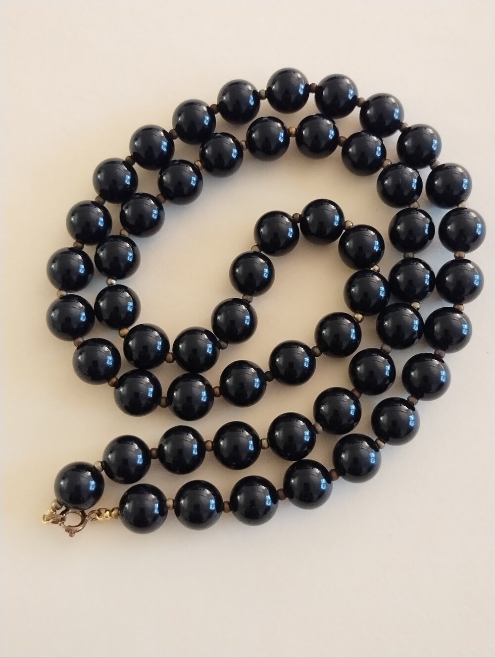 Vintage Black Bauble Beaded Necklace with Tiny Gold/Brass-Tone Spacer Beads